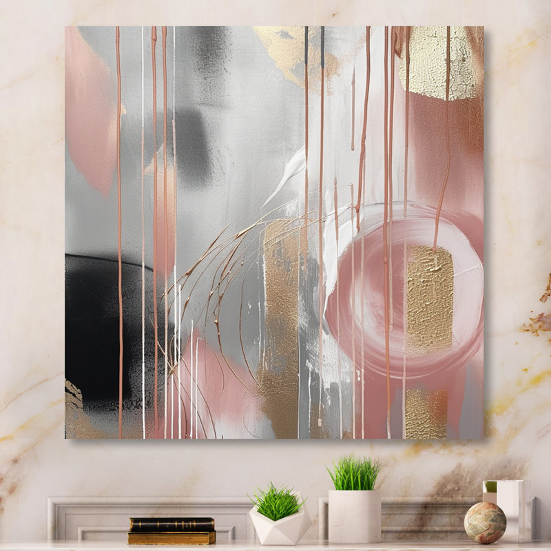 «Pink Gold Circle Complexity», art mural transitionnel abstrait formes modernes, H 16 po x l 16 po x P 1 po