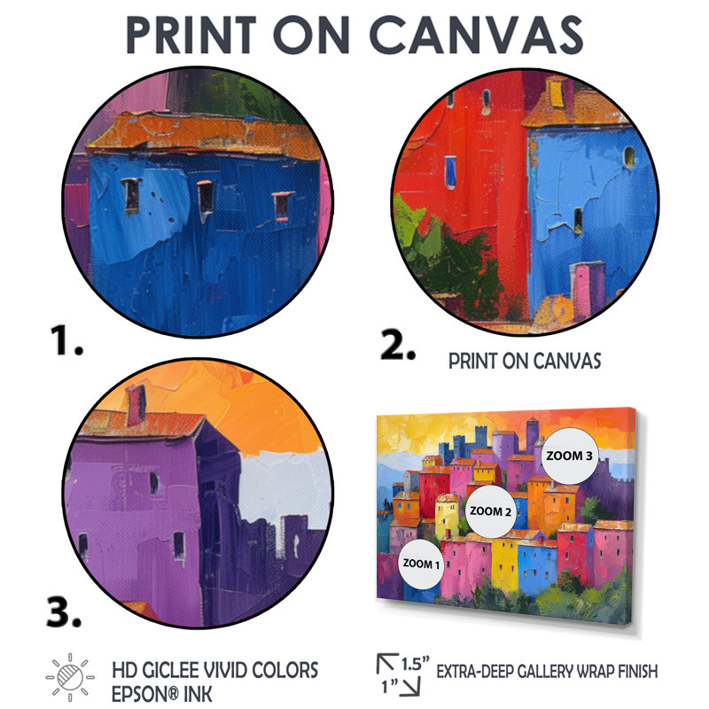 Décoration murale colorée «Royal Residence Village» - Châteaux, Toile avec cadre flottant or, H 28 po x l 60 po x P 1,5 po
