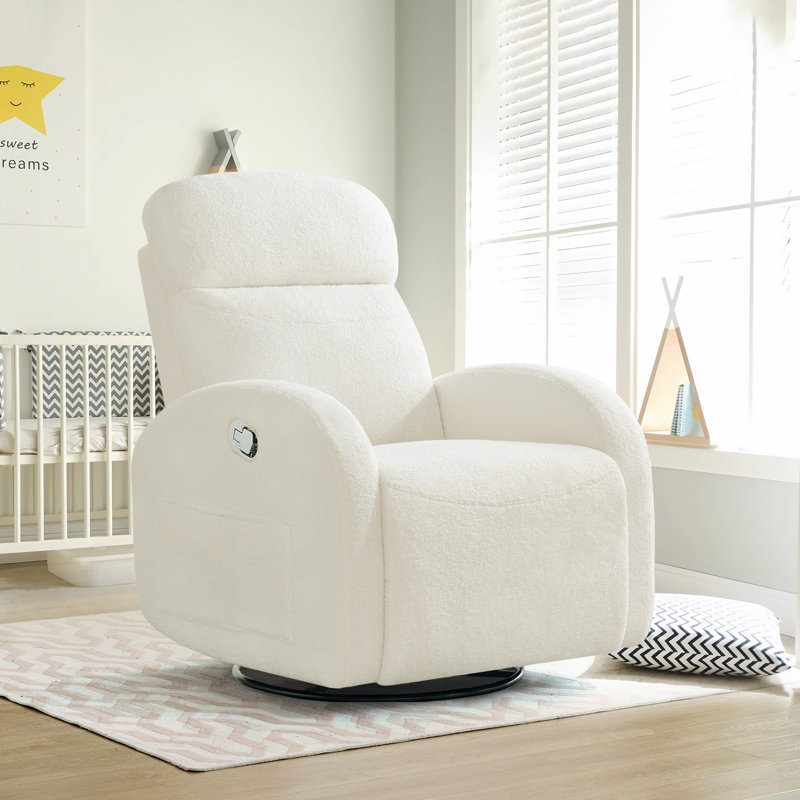 Delba 37"Modern Upholstered Manual Swivel Rocker Glider Recliner Nursery Chair, No, White Teddy