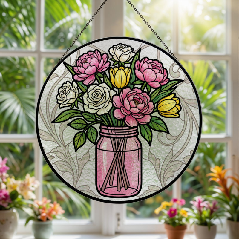 Vitrail de vitrail floral 7,8 "H, H 7,8 po x l 7,8 po