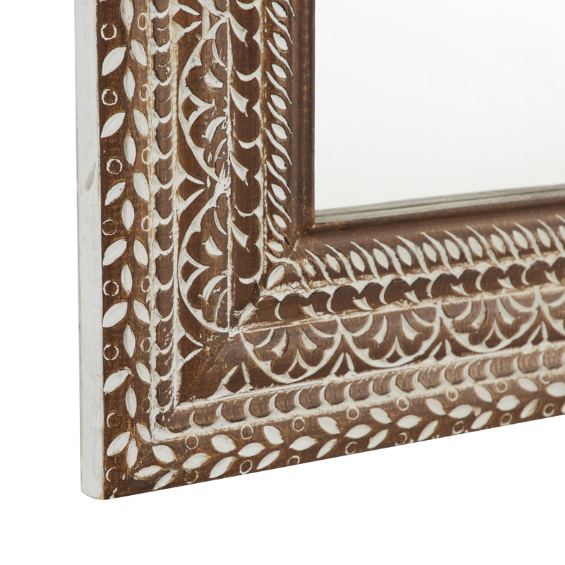 Wood Floral Brown Wall Mirror with Detailed Cream Carvings