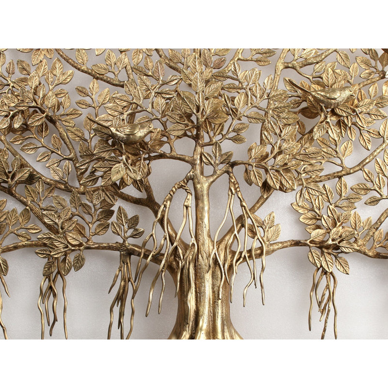 30" Handcrafted Brass Kalpavriksha Banyan Tree Wall Art – Large Golden Tree of Life Sculpture with Birds (13 kg)​
