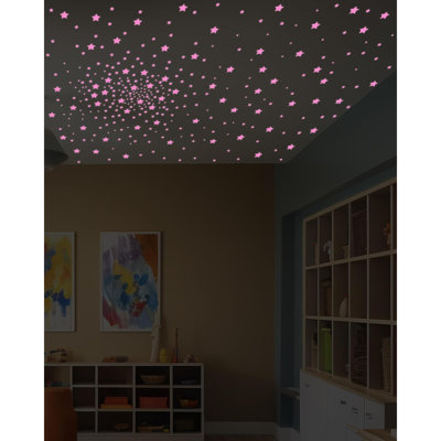 201 Pcs Glow In The Dark Stars Stickers For Ceiling Bedroom, Stocking Stuffers For Kids Ages 3-5, 4-8, 8-12, Boys Girls Room Decor Wall Stickers Stocking Stuffers For Toddler-Pink