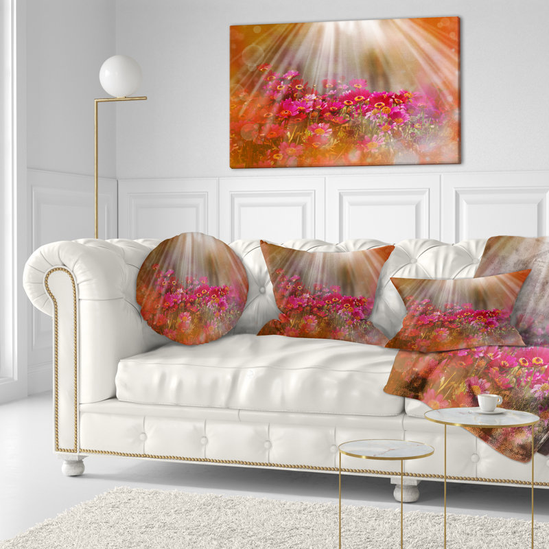 Sunrays over Little Red Flowers - Floral Printed Throw Pillow