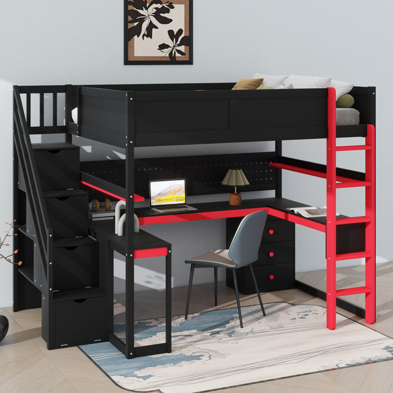 Full-Sized Wooden Loft Bed For Gaming With Stairs For Storage, Integrated Desk, Shelves & Pegboard, Full, Red
