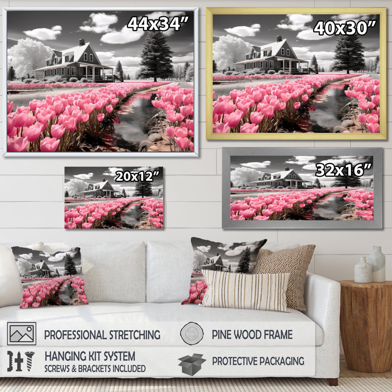 " Pink Farmhouse Frontyard Oasis ", Natural Floater Framed, 30" H x 40" W x 1.5" D