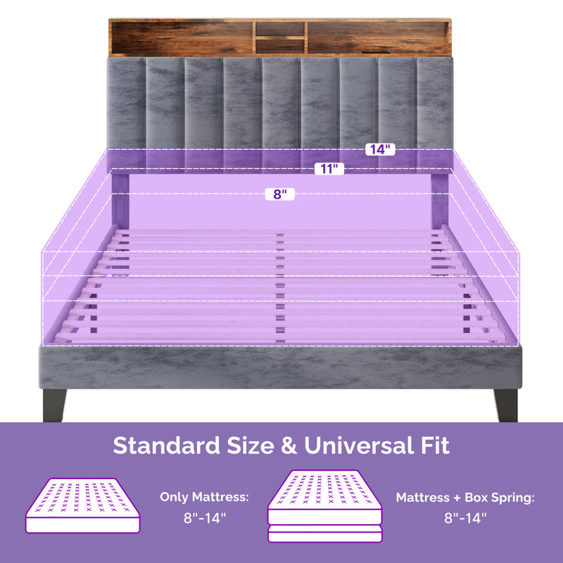 Upholstered Bed Frame with Headboard-Storage Headboard with Smart LED Lights and USB Charging Station,Noise Free,No Box Spring Needed