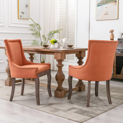 Chaise de salle à manger orange en tissu épaissi orange, 2 pieds en bois massif, modèle latéral, 20,27 po Largeur, 35,66 hauteur, 2 pièces, tissu, 23,09 profondeur,