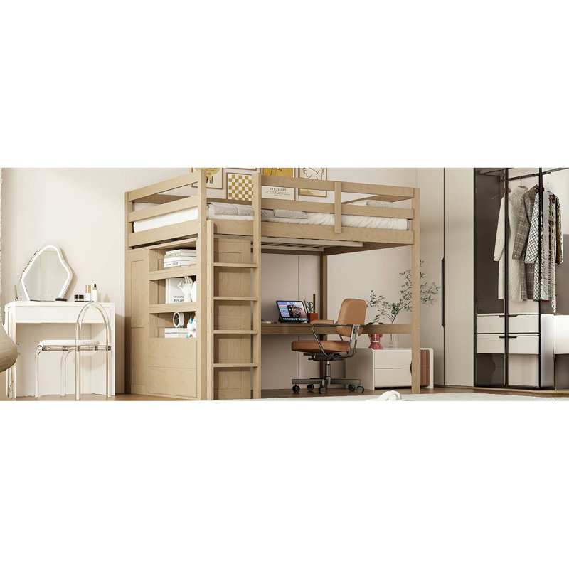 Lit mezzanine pleine grandeur en noyer avec armoire intégrée, bureau et tablettes pour le développement de la chambre à coucher avec atmosphère de tiroirs