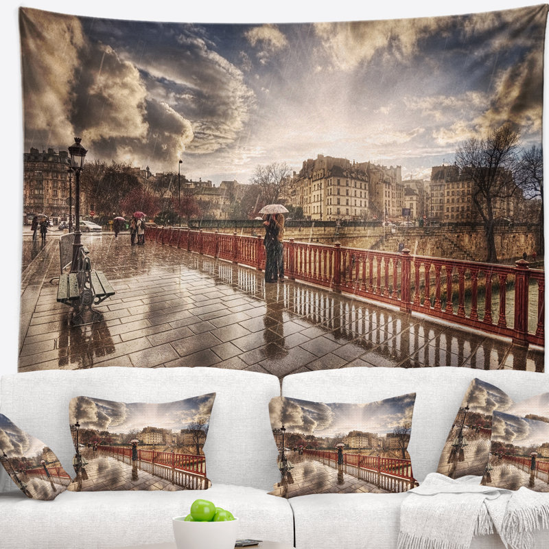Pont de photo de paysage dans la tapisserie de pluie, H 32 po x l 39 po