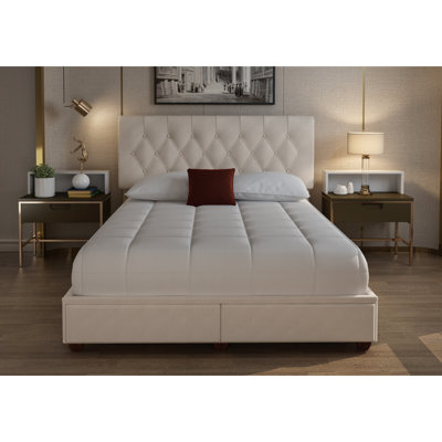 Grand lit de rangement rembourré beige avec 2 tiroirs spacieux