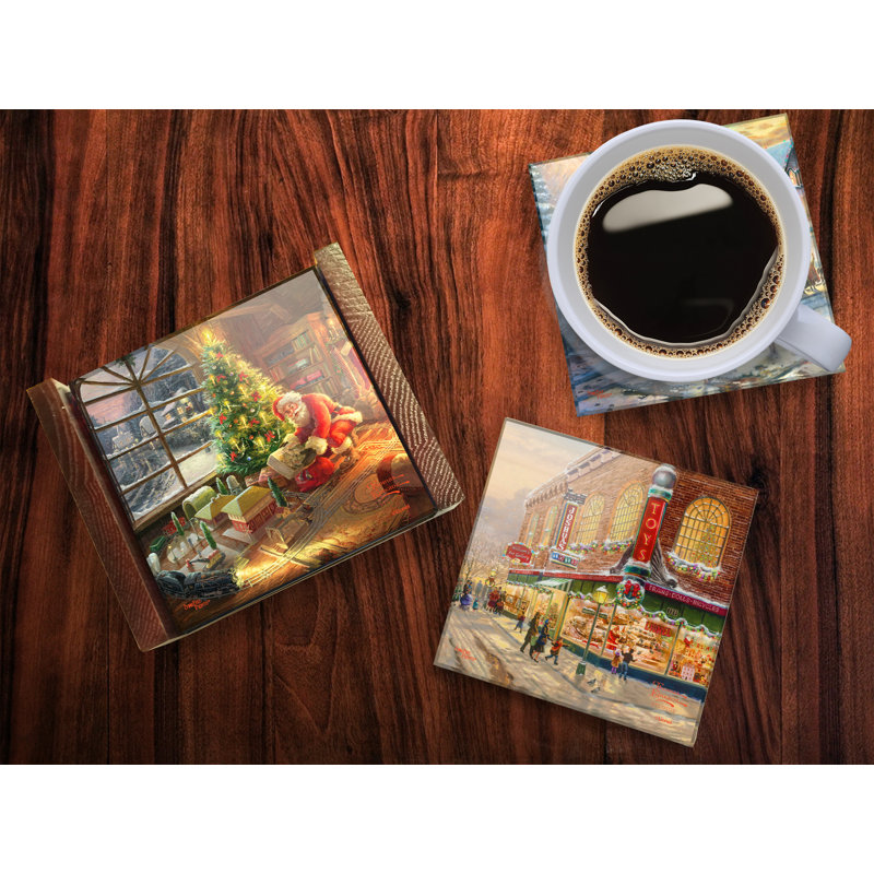 (Symboles) Ensemble de sous-verres en verre Starfire, Thomas Kinkade / Lionel Train Noël