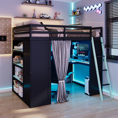 Full Size Wood Loft Bed with Wardrobe, Shelves, Blackout Curtains & RGB Lights, Black & Blue