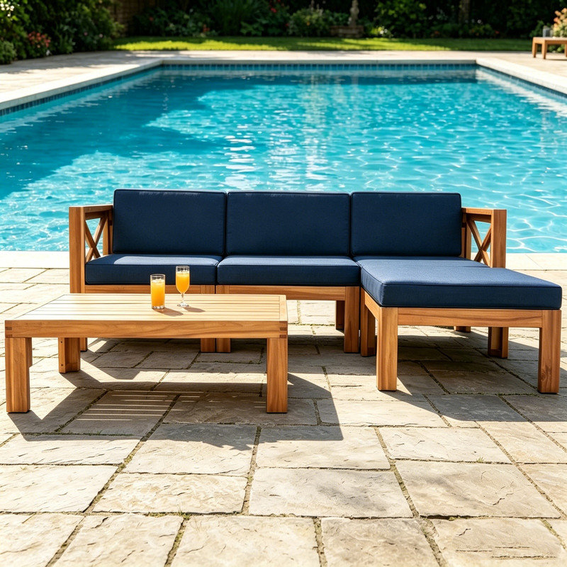 Ensemble de canapé modulaire en bois d'acacia 5 pièces Topmax, conception de coin modulaire avec coussins bleus résistants à l'eau et table à thé pour balcon de piscine