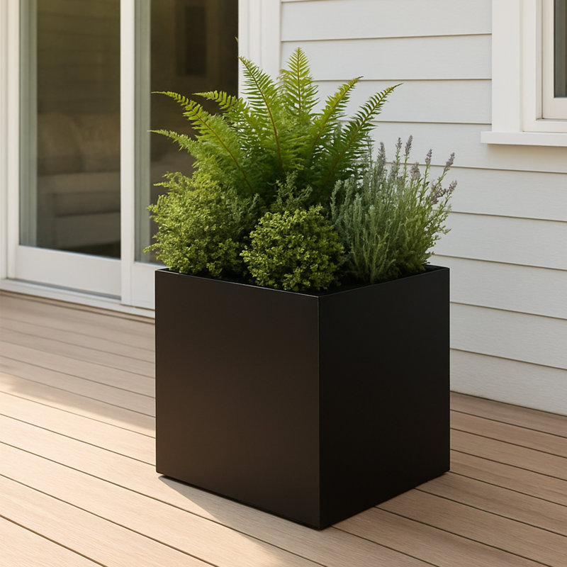 Kozyard 20'' Cube Metal Planter Steel Planter Box, Black Steel Flower Pot with Saucer Partition Panel for Trees Plants Flowers Indoor Outdoor Garden Patio Deck Yard