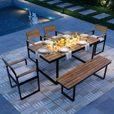 Ensemble de salle à manger en bois d'acacia 6 pièces, ensembles de conversation pour patio peu encombrants avec 4 chaises et 1 banc, trou pour parasol, coussins résistants aux intempéries, pour jardin