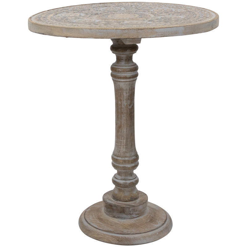 21" Natural Wood Floral Carved Round Pedestal Side Table