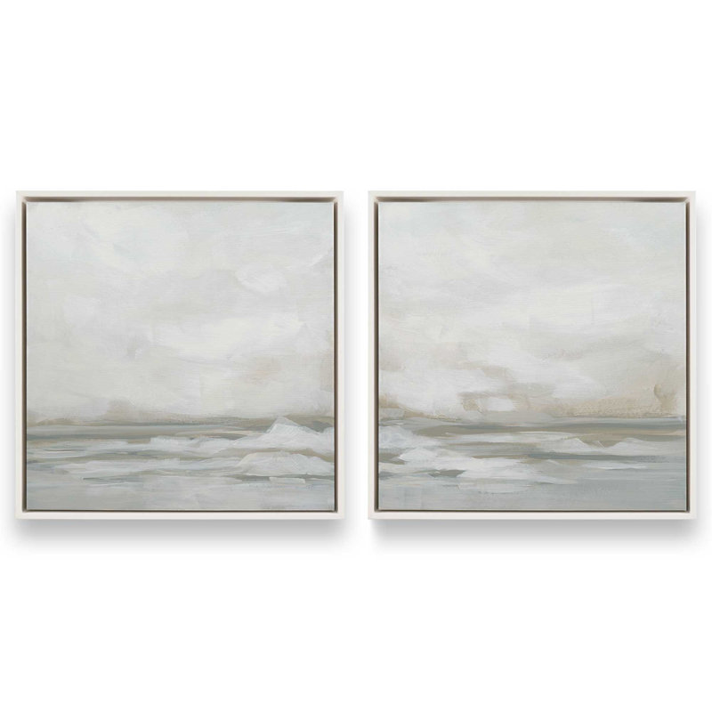Ensemble de 2 impressions sur toile Winter Seascape Serenity, Cadre flottant blanc opaque, H 33 po x l 66 po x P 1,75 po