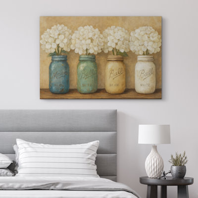 «Farmhouse Hydrangeas in Rustic Mason Jars», reproduction d'art sur toile encadrée