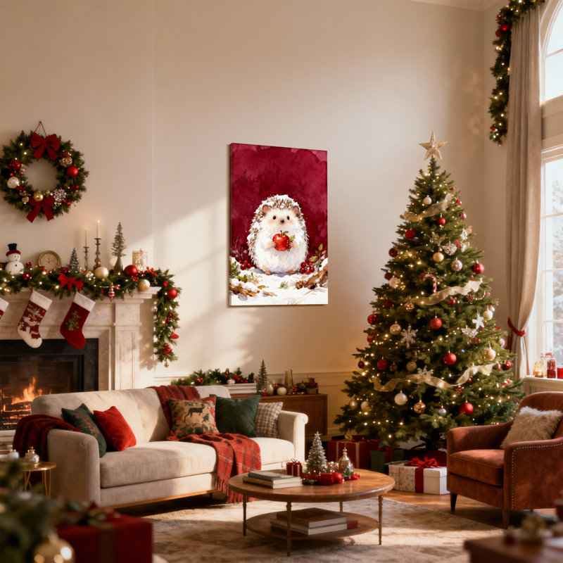 Hérisson mignon de Noël tenant une pomme rouge dans la neige, ensemble de 3 impressions d'art sur toile, H 18 po x l 12 po