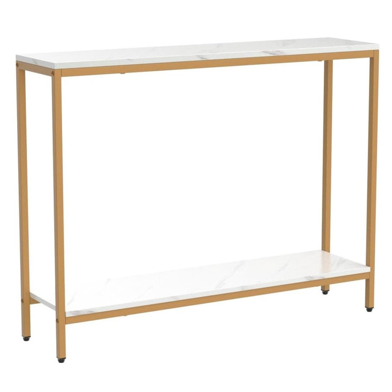 White Faux Marble and Gold Metal Double Layer Console Table
