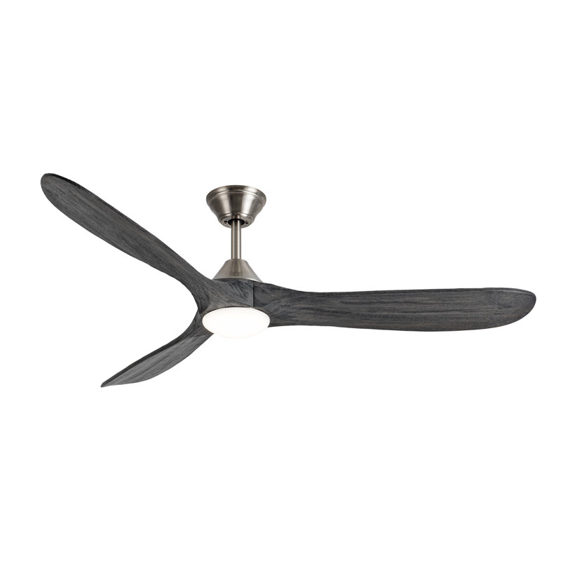 3 Blade Gray Solid Wood Ceiling Fan With Light And Remote Control, 52'' Wide
