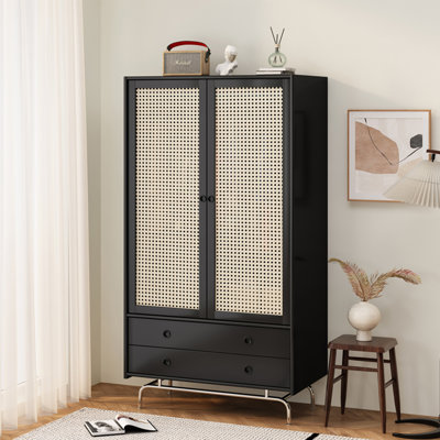 Nordic solid wood rattan woven retro wardrobe