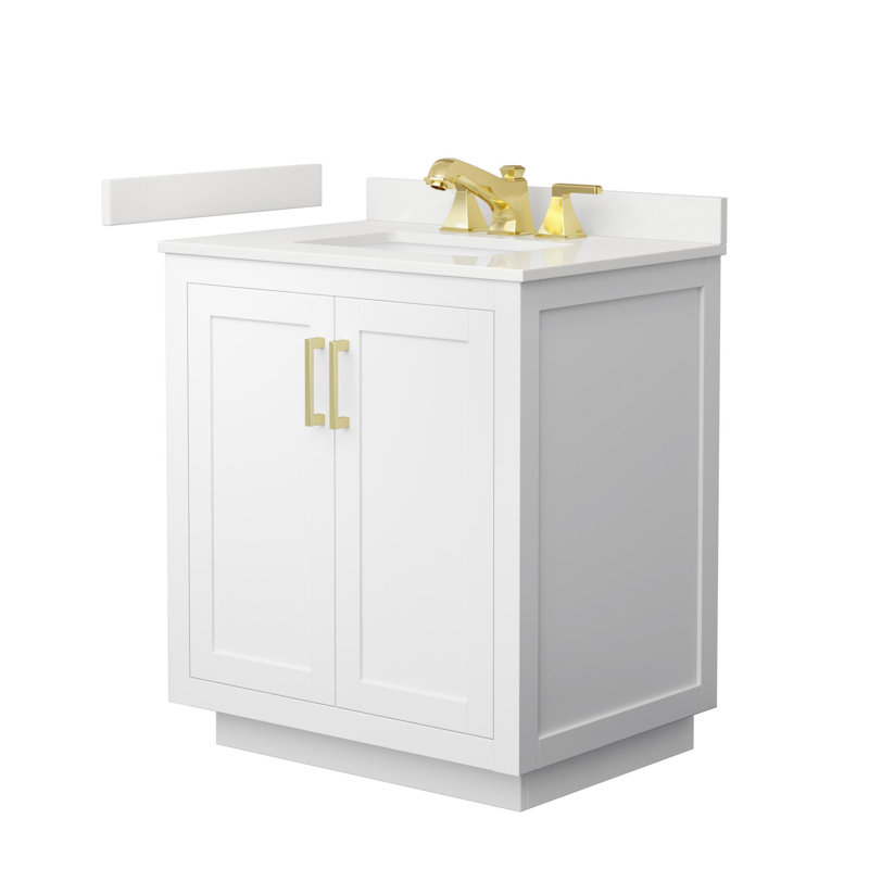 Ensemble de meuble-lavabo simple autoportant 30 po avec plateau en quartz Miranda, Quartz blanc, Blanc, Or brossé