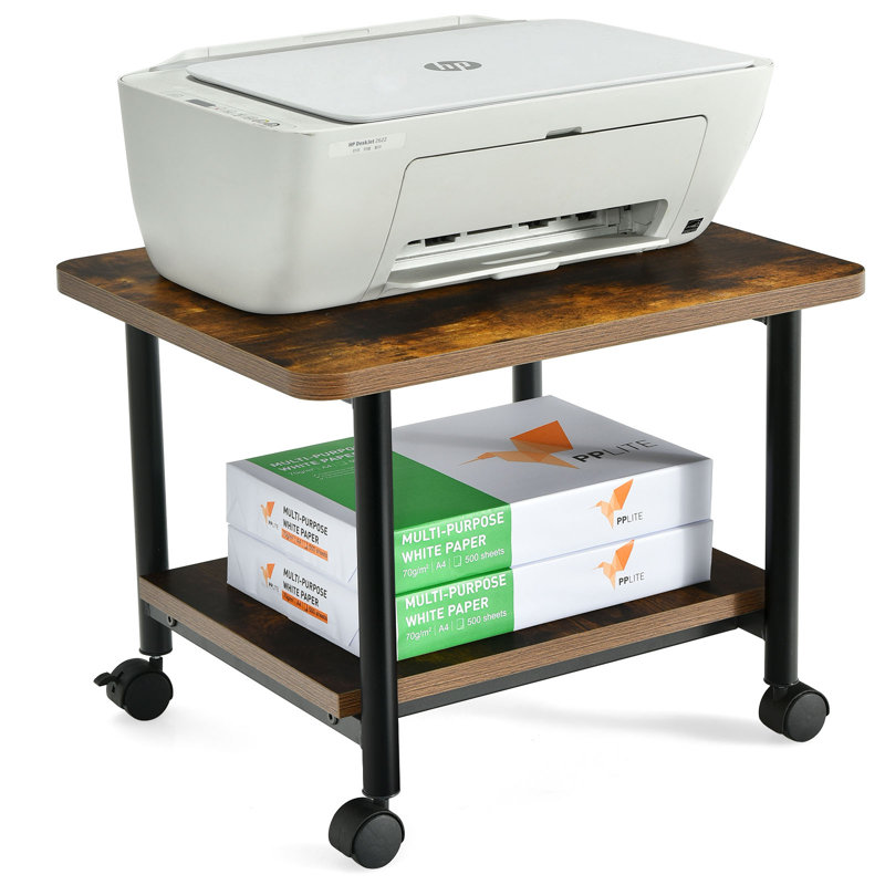 Brown 2-Tier Rolling Under Desk Printer Stand with Storage Shelves