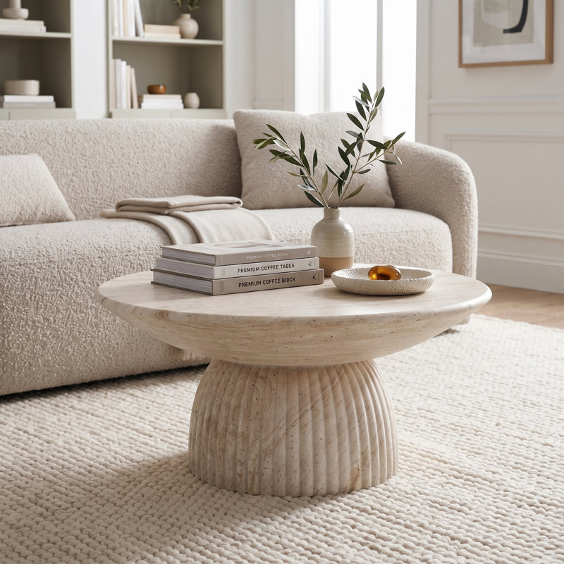 Table basse Quarry, table basse ronde en fibre de pierre avec pied cannelé, table basse moderne pour salon, plateau circulaire lisse avec patins de protection en feutre pour le sol, aucun assemblage requis