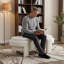 Banc de rangement ovale en lin blanc, repose-pieds de rangement rembourré avec siège rembourré pour le salon de l'entrée de la chambre à coucher