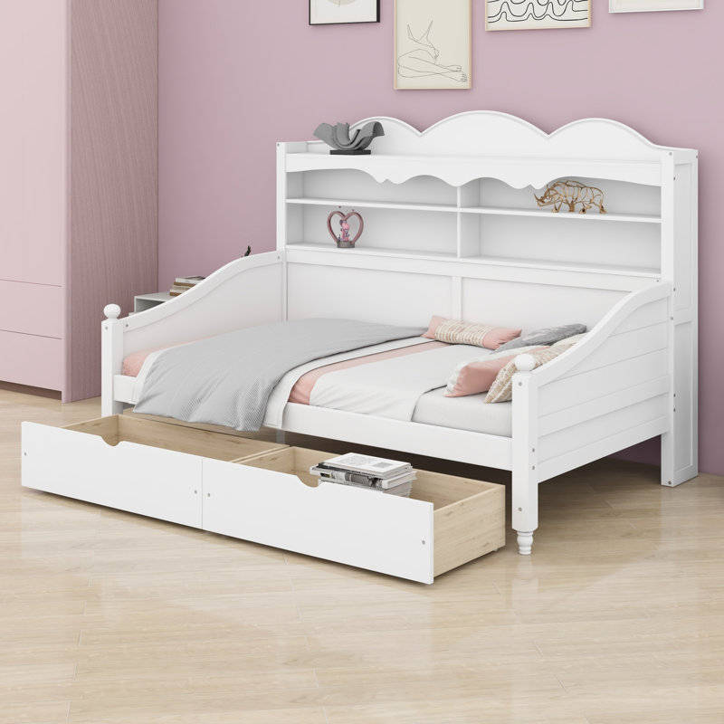 Retro Daybed with Under-Bed Storage Drawers and Headboard Shelving, Perfect for Bedroom, Living Room and Guest Room, White