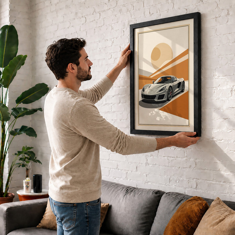 Silver Car At Dusk Modern - Print, Walnut, A1 - 84.1 x 59.4 cm
