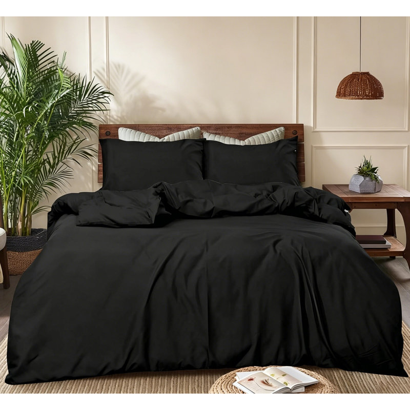 Microfiber Solid Colour Duvet Cover Set, Black, Double Bed Duvet Cover + 2 Pillowcases