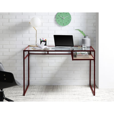 Bureau d'écriture rectangulaire rouge avec plateau en verre de 5 mm et plateau de rangement en métal