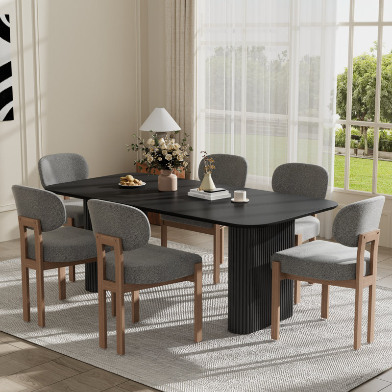 Ensemble de table de salle à manger 70,9 po, Noir, 7 Pieces: Table, 6 Chairs, Gris