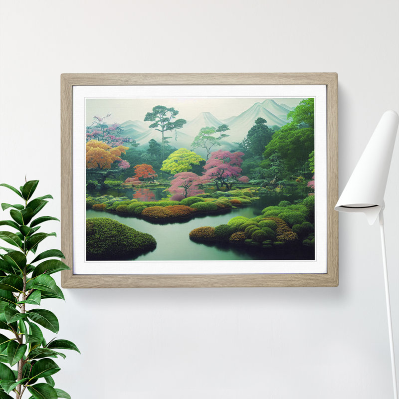 Japanese Garden - Single Picture Frame Print, 46cm H x 64cm W x 2cm D, Oak