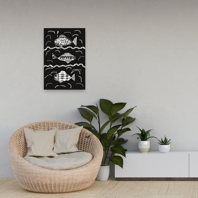 Three Patterned Fish Abstract Modern Whimsical Fish Ocean Wall Art, 24" H x 16" W
