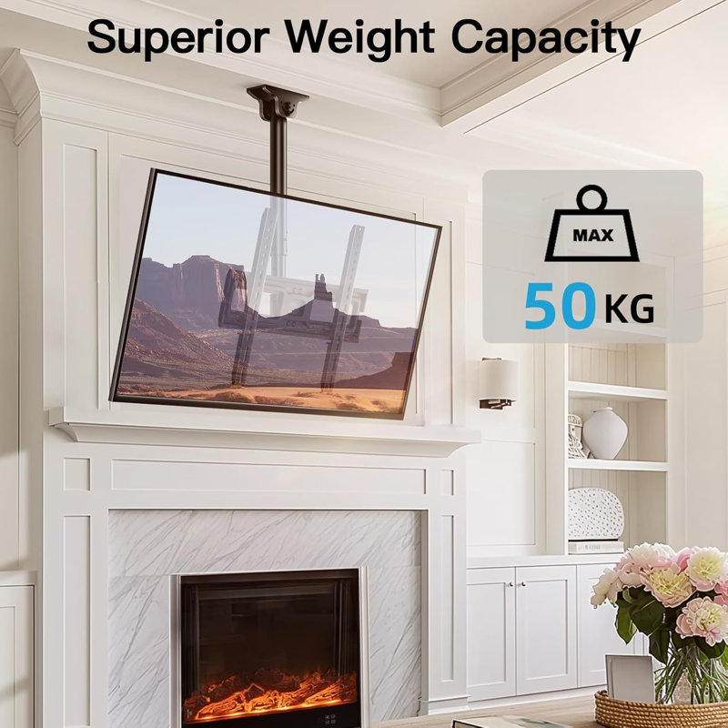 Support pour téléviseur fixé au plafond - Support pour téléviseur inclinable et pivotant réglable pour écrans de 26 à 65 pouces - Support de toit mobile tout autour avec une capacité de charge de 50 kg, norme VESA 400 x 400 mm