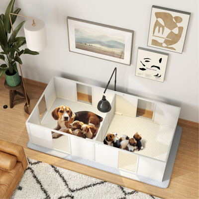 Boîte de mise bas pour chien et chiots avec support de lumière rétractable, coussin imperméable et porte réglable pour petites et moyennes races, 77 po x 38 po