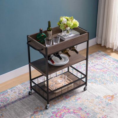 Three Rolling Kitchen Cart And Four Wine Bottle Rack - Brown Black Metal. Metal Frame With Heavy Duty Locking Wheels. Enclosed Shelves Item Drop. Max by 17 Stories