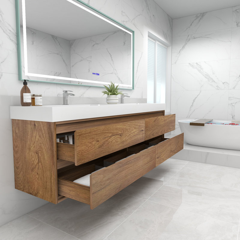 84'' Double Bathroom Vanity with Acrylic Top, Teak Oak