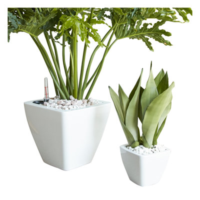 Ensemble de 2 pots à fleurs avec réservoir pour l'intérieur et l'extérieur - Blanc - Cône carré