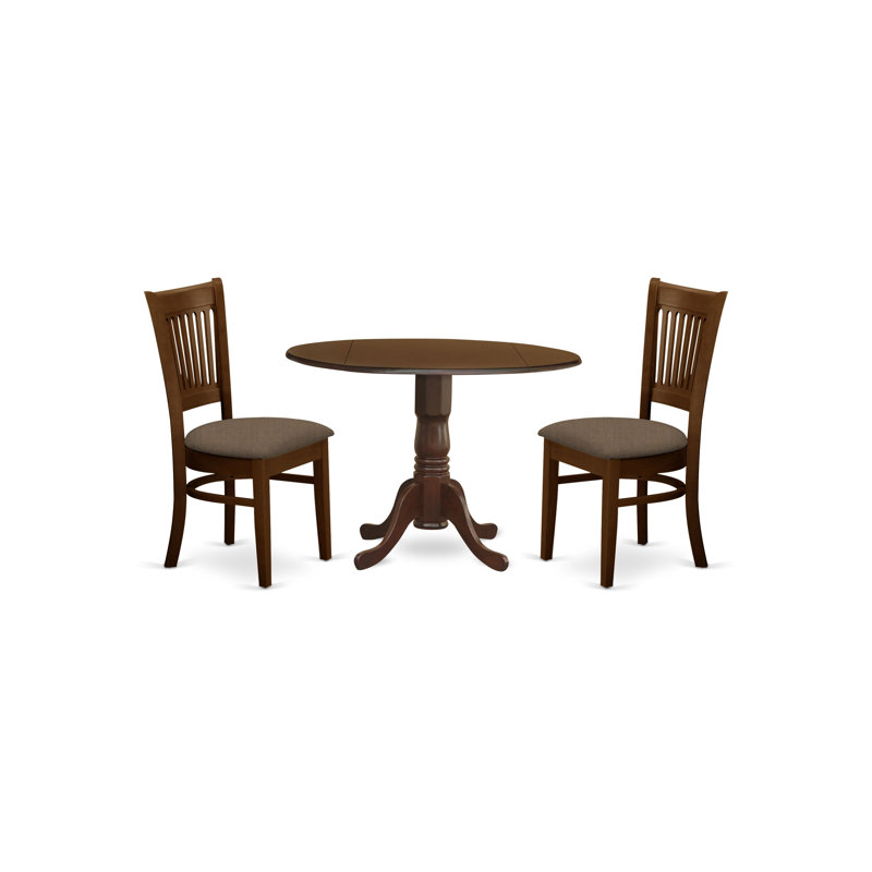 3 Piece Kitchen Table & Chairs Set Contains a Round Dining Room Table with Dropleaf and 2 Linen Fabric Upholstered Chairs, 42x42 Inch, Espresso