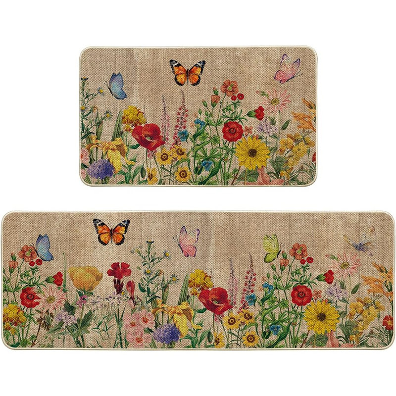 Kitchen Rugs - Multicolor, Wood Flowers & Butterfly, Spring Floor Mats, Set Of 2