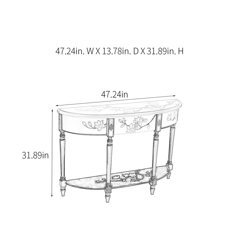 Console demi-cercle dessiné à la main, H 31,89 po x l 47,24 po x P 13,78 po