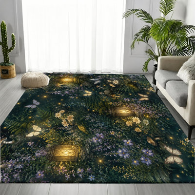 Tapis en forme de lanterne papillon Enchanted Forest, impression de scène mystique de la nature, tapis antidérapant, décoration intérieure douillette pour le salon, la chambre à coucher, un appartement