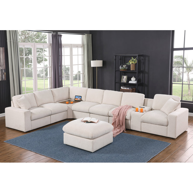 Deantrei Corner Sectional Sofa With Cupholder Console With A Corner Table With USB Port And An Ottoman, Beige Chenille
