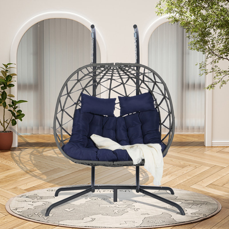 Double chaise à œufs avec support suspendu pour l'intérieur et l'extérieur, Bleu très foncé, Gris foncé