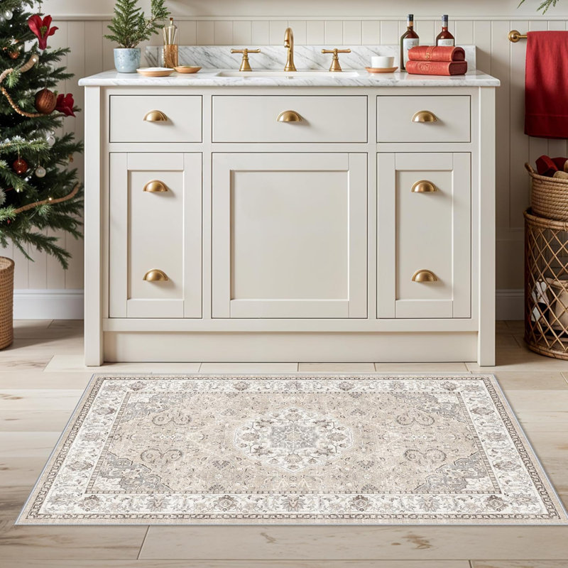 Washable Entryway Rug: Farmhouse Kitchen Hallway Rug Wide Soft Water Resistant Floor Mat for Bathroom Nursery Non Slip Indoor Carpet for Living Room Bedroom Dining Room(Beige)